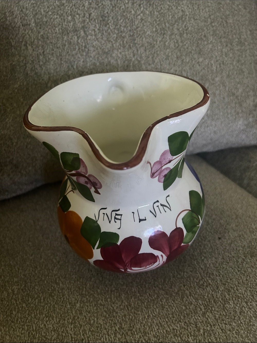Hand-Painted Floral Ceramic Pitcher in Cream and Green